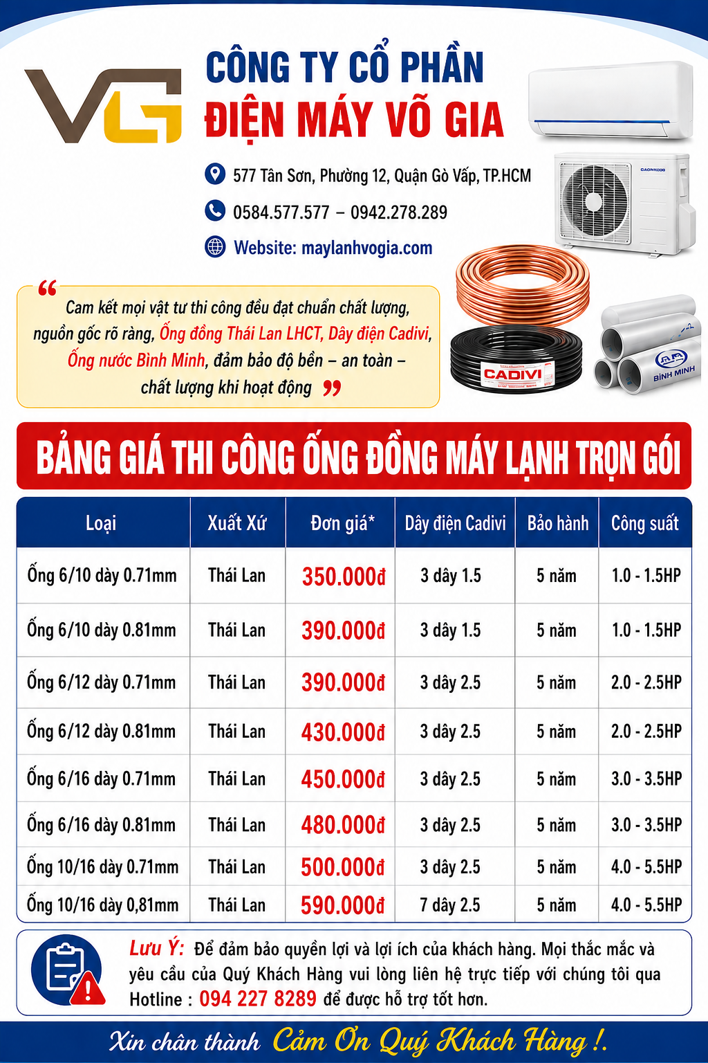 bảng giá đi âm ống đồng